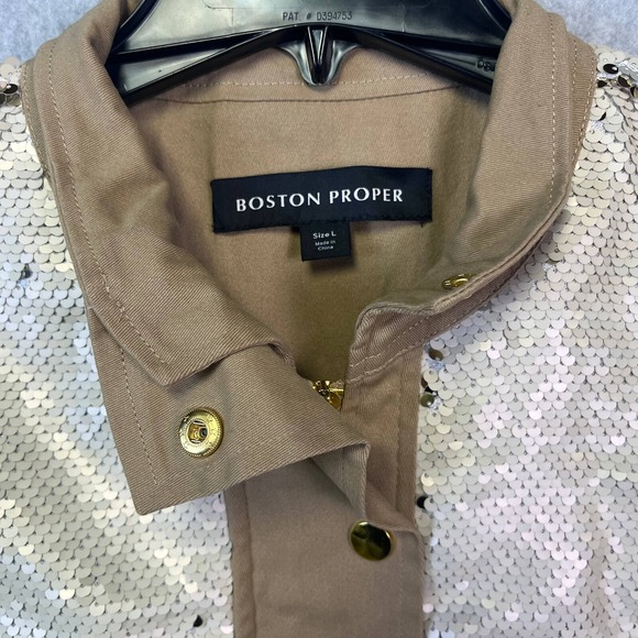 Boston Proper Jacket Women L Beige Sequin Utility Safari Western Embellished - Picture 3 of 11